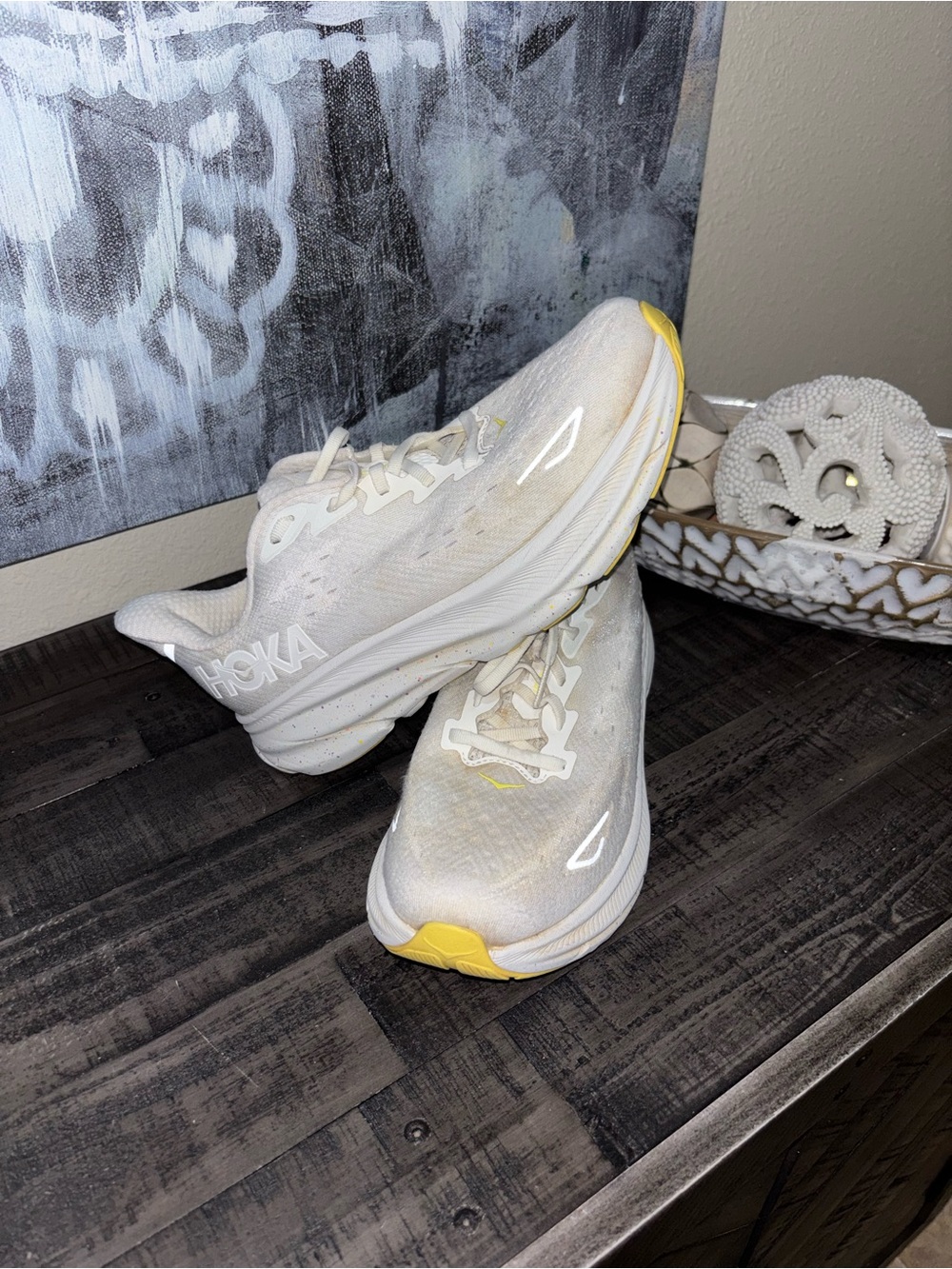 Hoka Women's White Athletic Running Shoes with Yellow Accents